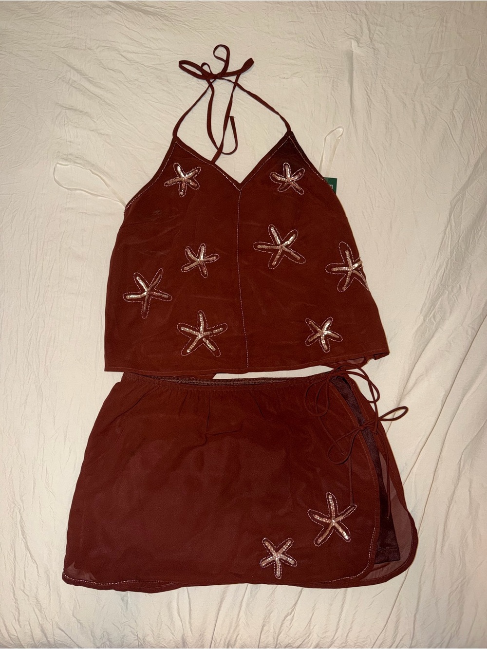 Women's Brown Starfish-Embroidered Halter Set